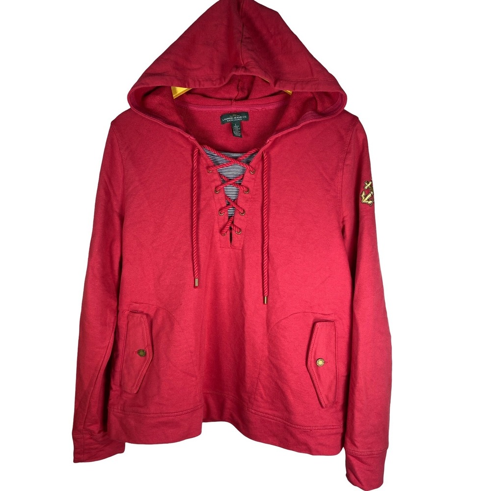 Vintage Lauren Ralph Lauren Red Nautical Lace Up Hoodie Sweatshirt Preppy L